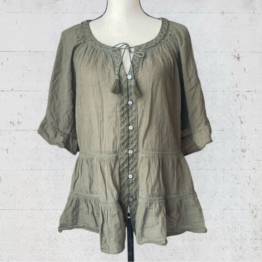 J. Jill Tiered Gauzy Boho Ruffled Tassel Olive Green Embroidered Blouse Size L